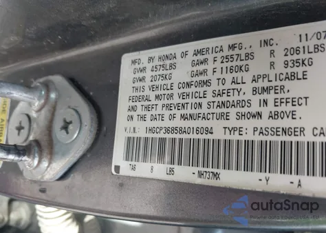 2008 Honda Accord 3.5 Ex-L из США, поврежденный, VIN 1HGCP36858A016094